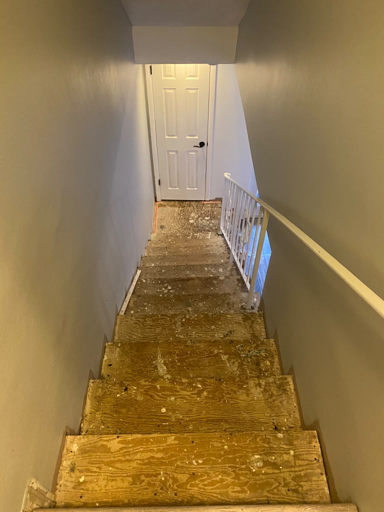 Before: staircase stripped to subfloor and then finished with new wood-look treads